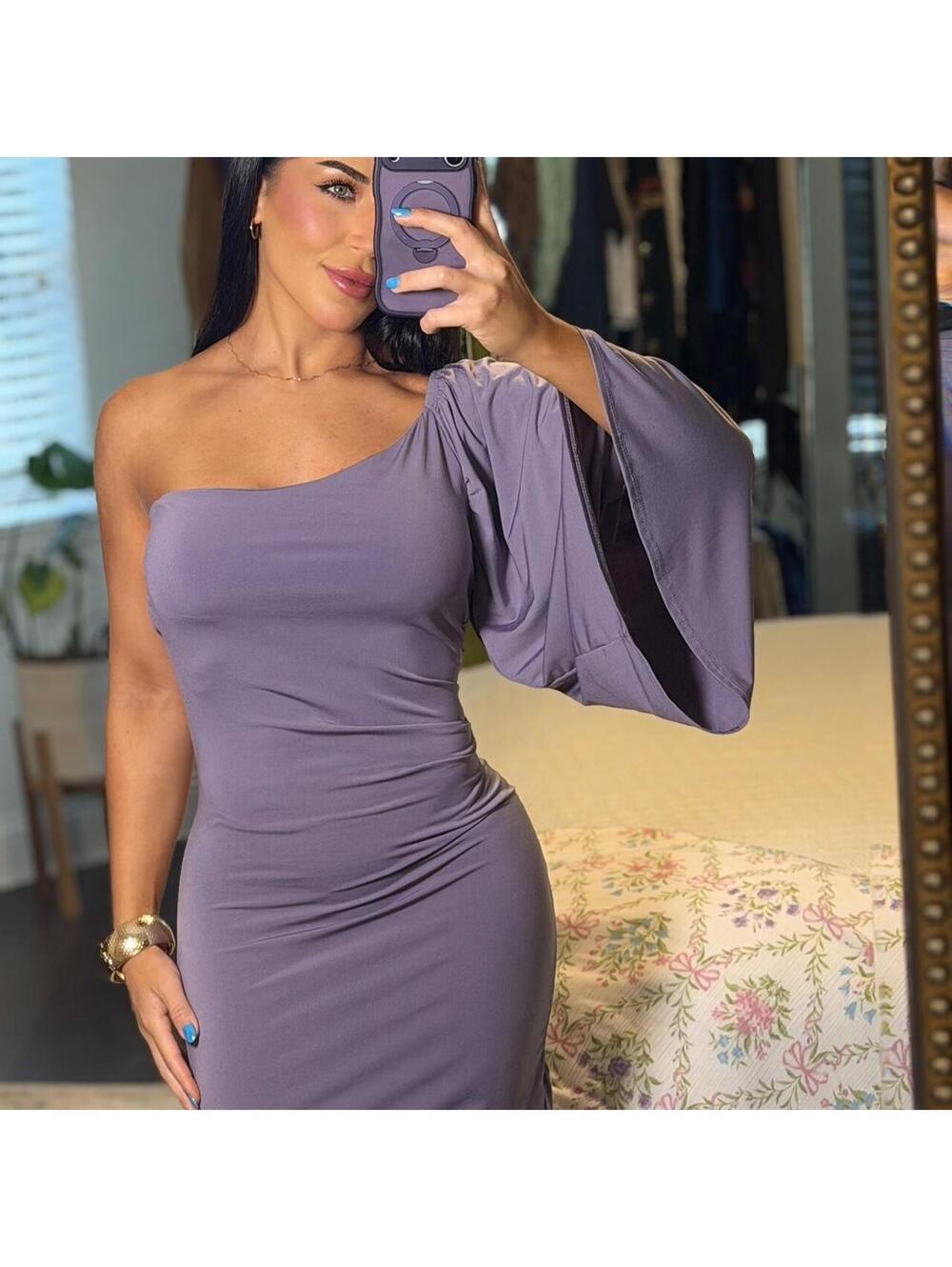 Jenny Martin Lavender One Shoulder Bell Sleeve Bodycon Dress S
